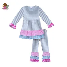 Usine Prix Boutique Filles Vêtements Ensembles Gris Rayé Robes Multi Volants Pantalon Enfants Ensembles Enfants Bébé Coton Tenues F015