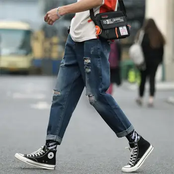 

2019 Summer Men's New Holes Stretch Slim Fit Jeans Leisure Blue Color Fashion Trend Casual Pants High-quality Classic Trousers