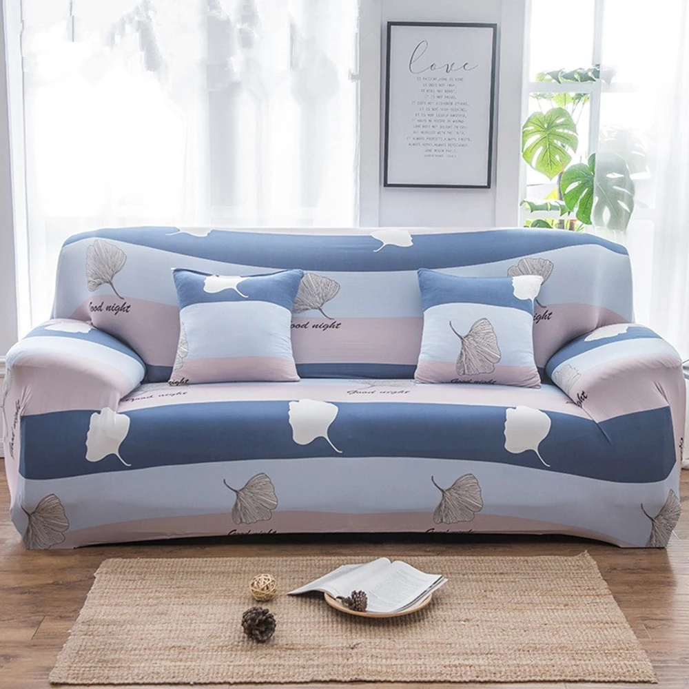 Ginkgo Leaf Sofa Cover Elastic Fundas Sofa Striped Couch Cover Blue