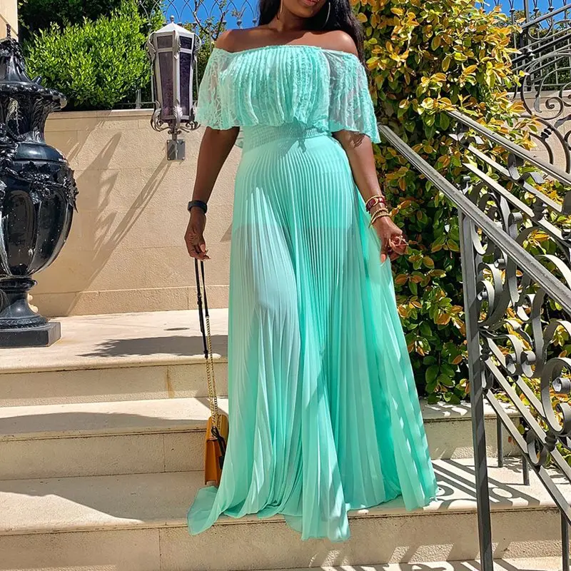 

Summer Sexy Travel Beach African Elegant Green Women Long Dresses Plus Size Party Off Shoulder Pleated Falbala Retro Maxi Dress