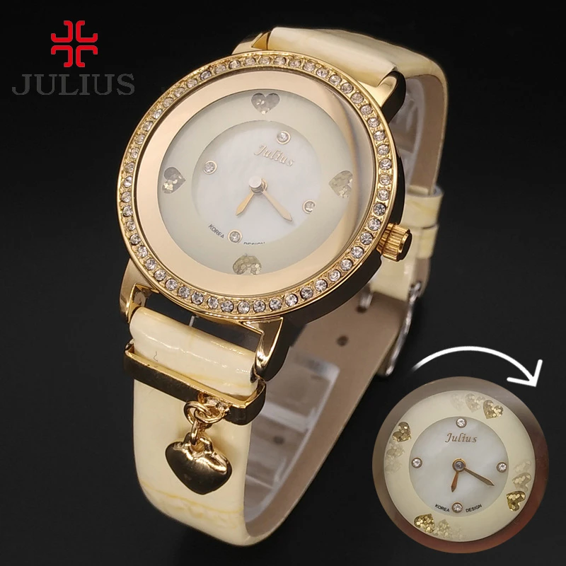 En Mouvement Dame Femmes De Montre Japon Quartz Shell Rotation Spin Coeur Heures De Mode En Cuir Bracelet Fille Cadeau D Anniversaire Julius Aliexpress