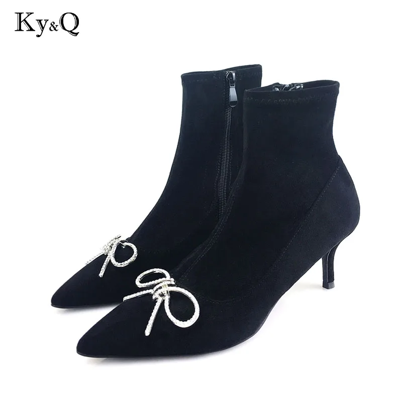

Faux suede slim Mid Boots Suede pointed female boots crystal bow women fashion winter heels boots shoes woman 7cm heels