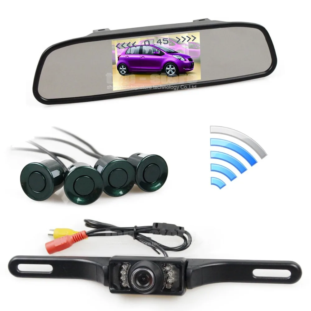 DIYKIT Wireless Video Parking Radar 4.3 Inch Car Mirror Monitor + IR Car Rear View Camera 4 Sensors Parking Assistance System