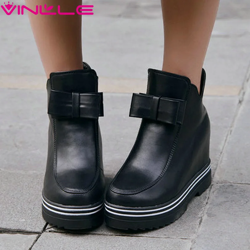

VINLLE 2016 Women Fashion Shoes Height Increasing High Heel Chunky Ankle Boots Ladies Solid Sweet Style Short Boots Size 34-43