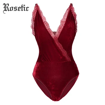 

Rosetic Gothic Bodysuits Vintage Skinny Burgundy Lace Women Slim Shorts Jumpsuits Rompers Sexy Beach Travel Retro Goth Bodysuits