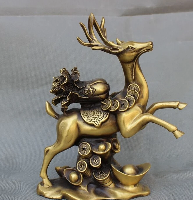 

11" Chinese Bronze Wealth YuanBao Coin Cai Fu Cabbage On Deer Statue Animals