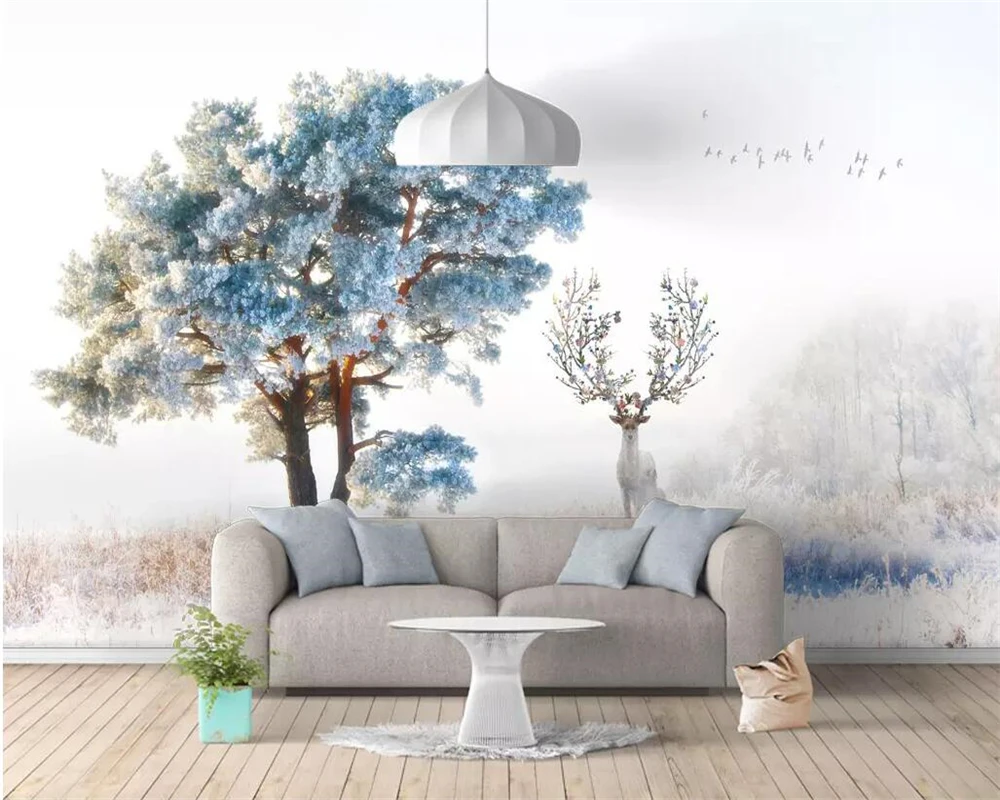 

beibehang Custom wallpaper 3d photo mural Nordic Elk Forest hand-painted dreamy big tree background wall papers home decor mural