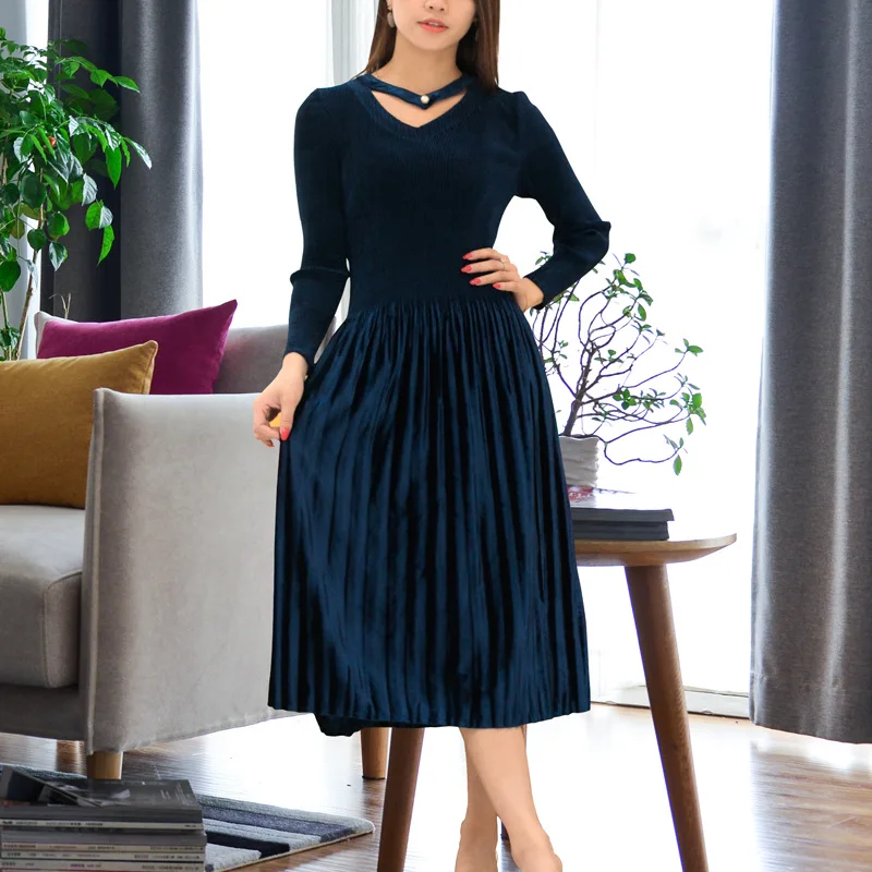 

miyake fold dress Spring dress New Super bomb size dress slim temperament velvet fold dress free shipping
