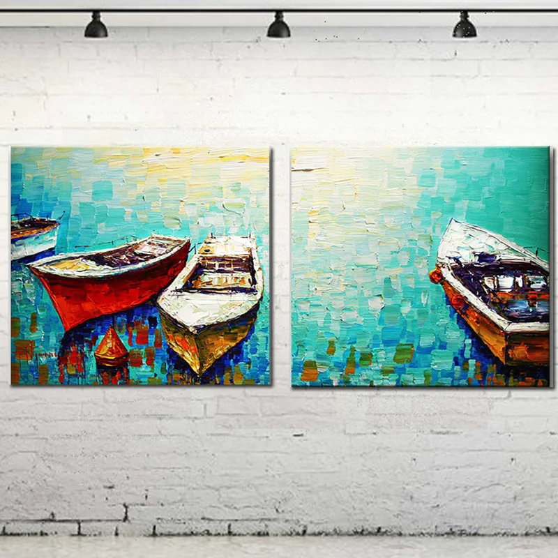 

Thick Textured 2 pieces Hand painted Modern Abstract Sea Boats Canvas Oil Painting Wall Art Home Decoration for Living Room