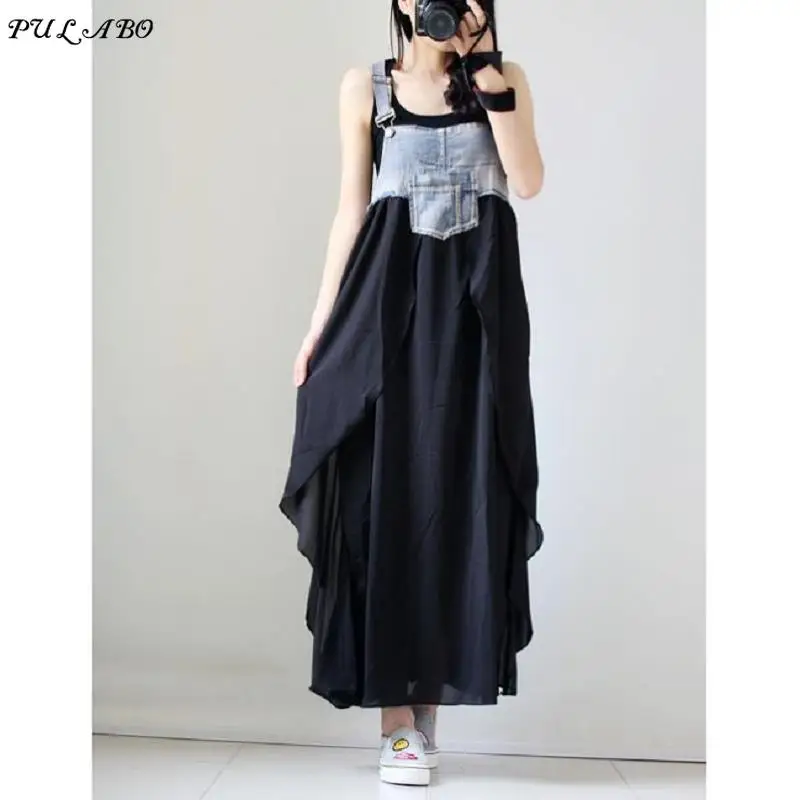 2019 New Women Denim Dress Sundress Casual Loose Overalls Dresses Female Solid Adjustable Strap Jeans Dress Plus Size