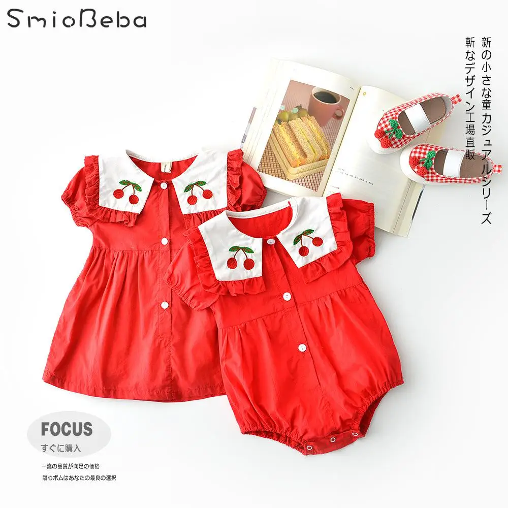 

Baby Sister Newborn Baby Girl Clothes Roupa Infantil Summer Baby Outdoor Rompers Kids Water Washed Cotton Lovely Cherry Dress