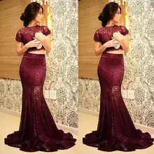 2016 Sexy Günstige Einzigartige Heißer Verkauf Zwei Stücke Prom Kleider Weinrot/Burgund Spitze Sheer Meerjungfrau Kurzarm Abendkleid Party Kleider