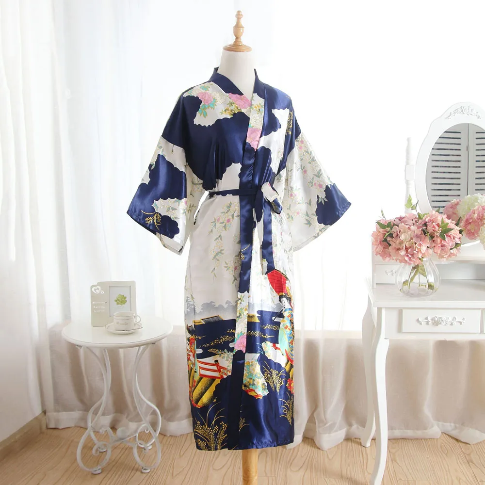 Большие размеры для свадьбы, невесты, подружки невесты ночной халат Женское Кимоно длинное банное платье Ночная рубашка темно-синие искусственные шелковые ночные рубашки пижамы
