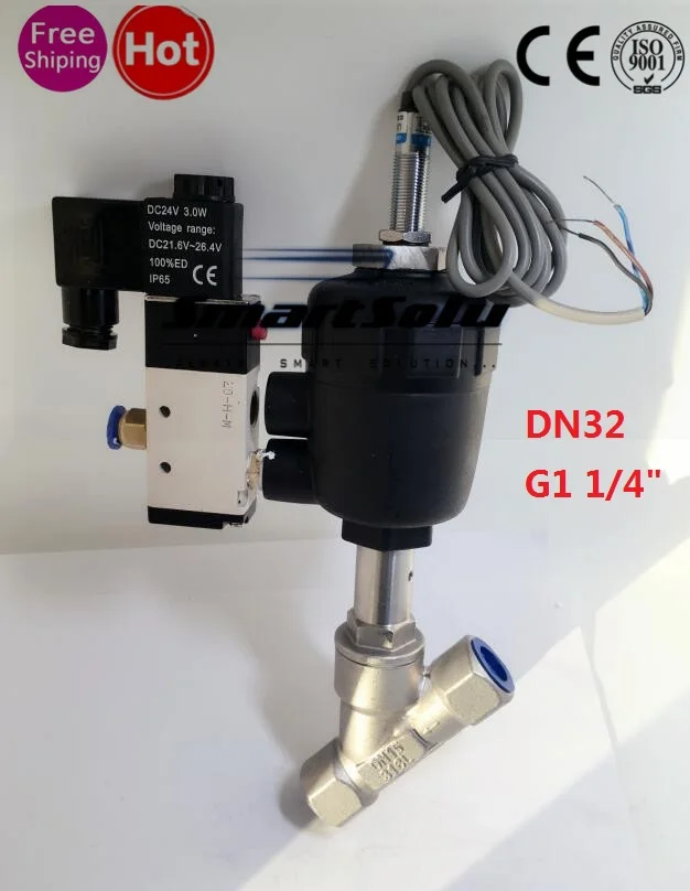 

Free shipping G1 1/4" pneumatic angle seat valve mounted with approach switch and solenoid valve DN32