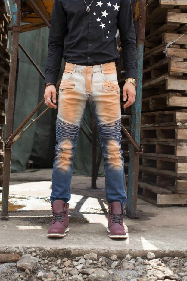 Free Shipping Men Jeans New Fashion Biker Jeans Slim Fit Zipper Pocket Denim Ripped Design Straight