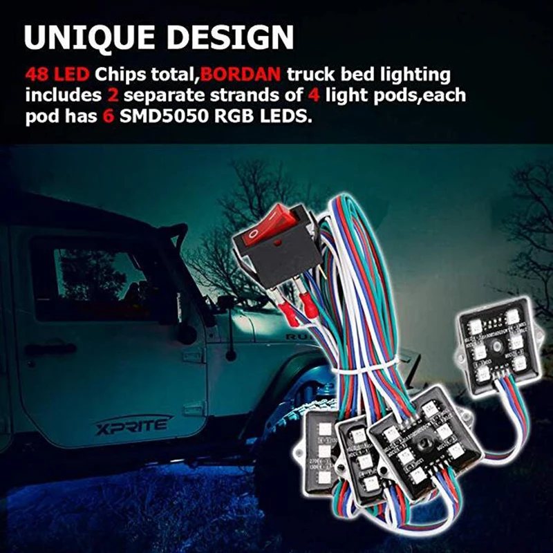 8Pcs RGB 48 LEDs Rock Lights Truck Bed Under Body Lighting Kit+IR Remote Control
