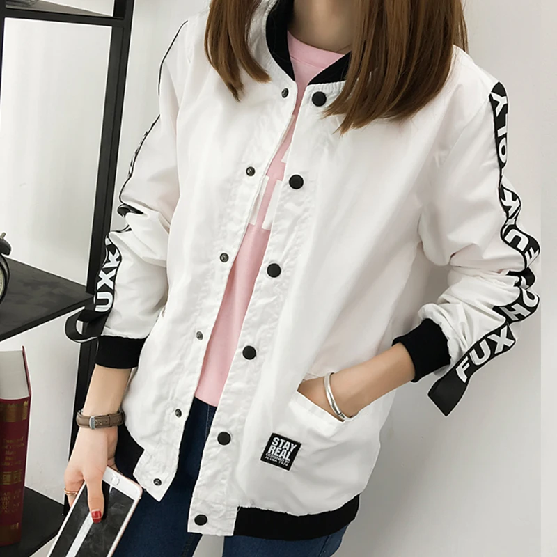 Woemns Jacket Spring Autumn New Women Bomber Jackets Print Casual Coat Female O-Neck Pockets Basic Jackets Korean Style