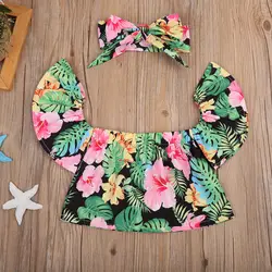 2017 Летняя Детская летняя одежда для маленьких девочек блузка с цветочным принтом и открытыми плечами комплект одежды: Топ + повязка на