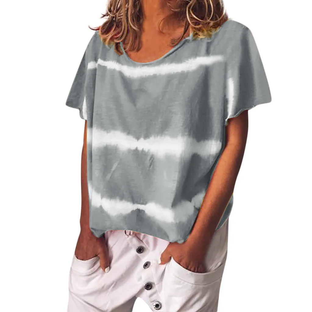Women Blouse Tie Dye Print Short Sleeved Stripe O neck Tee shirt Tops Lady Plus Size Tunic Shirt Top Blusas Femininas|Блузки| |
