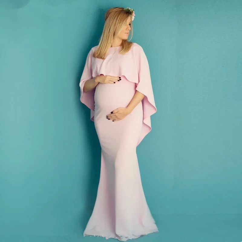Pink Chiffon Maternity Evening Dresses With Cape 2017 Custom made O Neck Short Sleeves Elegant Pregnant Prom Dress Floor Length | Свадьбы и