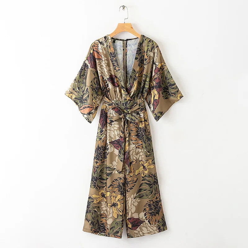 

2019 Women Vintage Floral Print High Waist Jumpsuits Wide leg pants Summer Bat sleeve Streetwear Female Jumpsuit C640