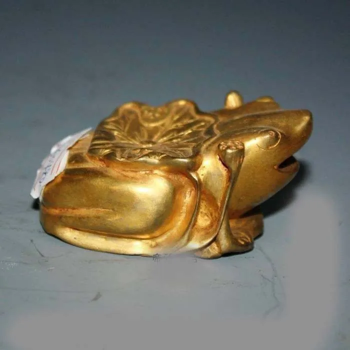 

Chinese Palace Bronze Copper 24K Gold Gild Lotus Frog Figurine Statue Sculpture