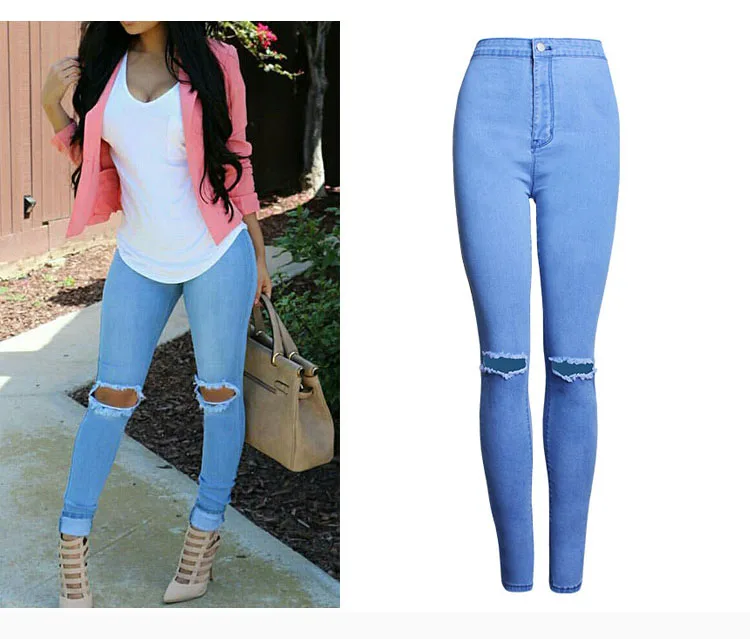 2017 Europe and the United States high waist stretch Slim thin pencil pants pure color hole feet women's jeans women (2)