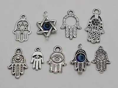 

40 Assorted Tibet Silver Kabbalah BLUE EYE Hamsa Hand "Star of David" Pendants