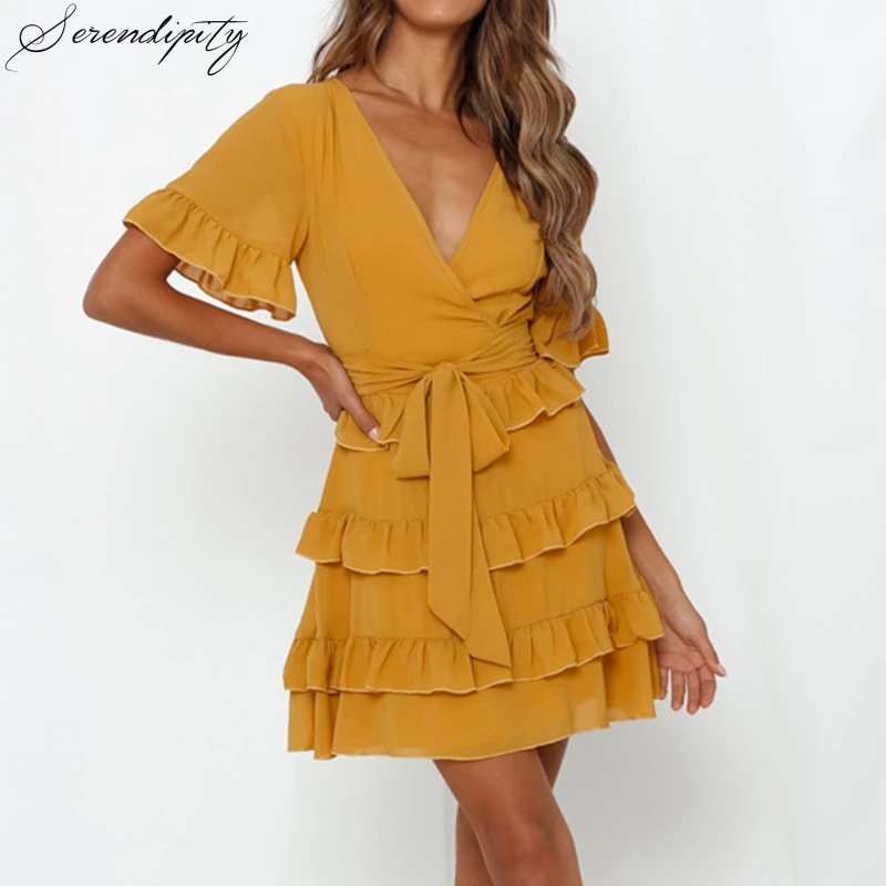 Boho Ginger V шеи слоистый торт рюшами Crinkle ремень летнее праздничное платье Женская