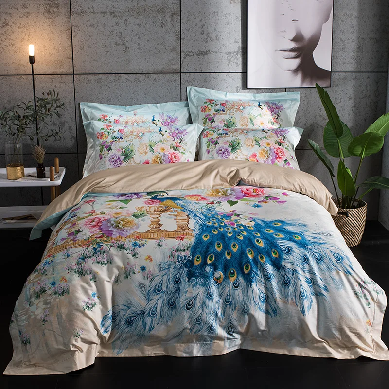 

100% Egyptian Cotton Peacock digital printing Luxury Boho Bedding set red Duvet Cover Pillow Case Queen King 4pcs Set