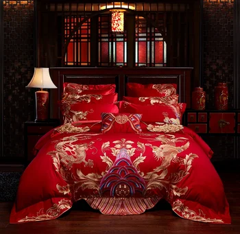 

New Luxury Red Wedding 100% Cotton Bedding Set Gold Loong Phoenix Embroidery Duvet Cover Bed sheet/Linen Bedspread Pillowcases