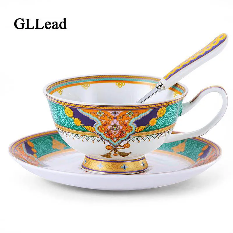 Best GLLead European Style Classical Pattern Bone China Coffee Cups and Saucers Upscale Porcelain black Tea Cup With Spoon Plate Sets