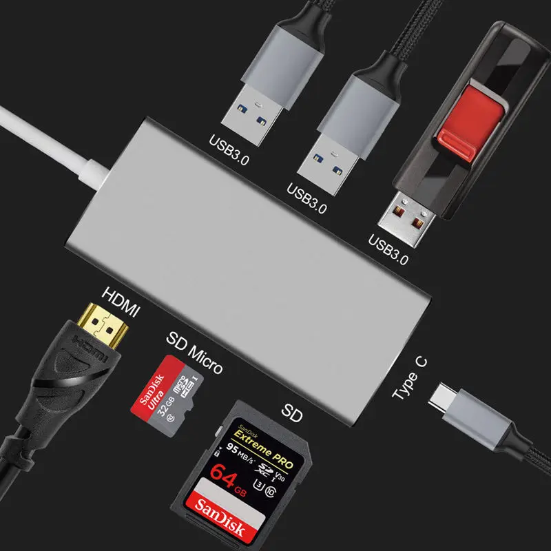 7 в 1 Usb-C концентратор адаптер с 3 Usb 3,0 портов/Hdmi выход/type C зарядный порт/Sd/Micro-Sd кард-ридер