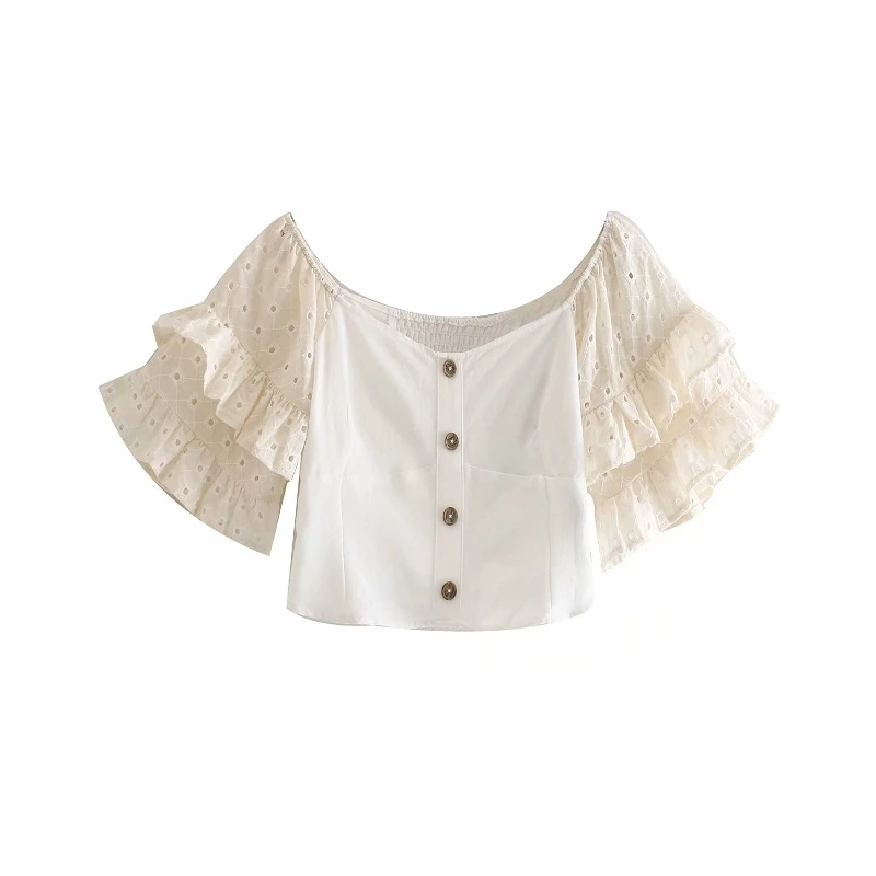 

2019 Women sweet cascading ruffles sleeve embroidery short Blouse chic linen Shirts female slash neck back elastic Tops LS3759