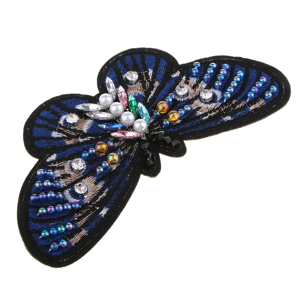Crystal Pearl Beaded Patches Butterfly Style Clothes Embellishments Embroidery Applique Decorations for Repair/Design