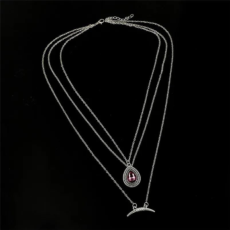 Fashion Trend Crescent Drop Gem Bohemian Style Multi-layer Necklace Choker Party Pendant Jewelry chain Necklace F13 (2)