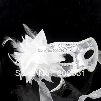 

Free shipping-white-Handmade Venetian masks with yarn feather ball translucent mask lily flower wedding party dress ornamnets