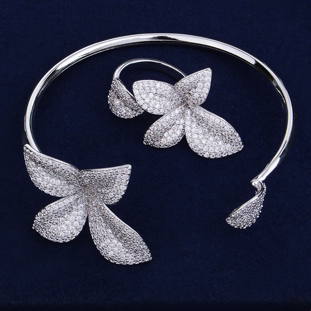 

GODKI Luxury Leaf Leaves Flower Super Shiny Cubic Zirconia Women Wedding Engagement Bracelet Bangle Ring Jewelry Sets