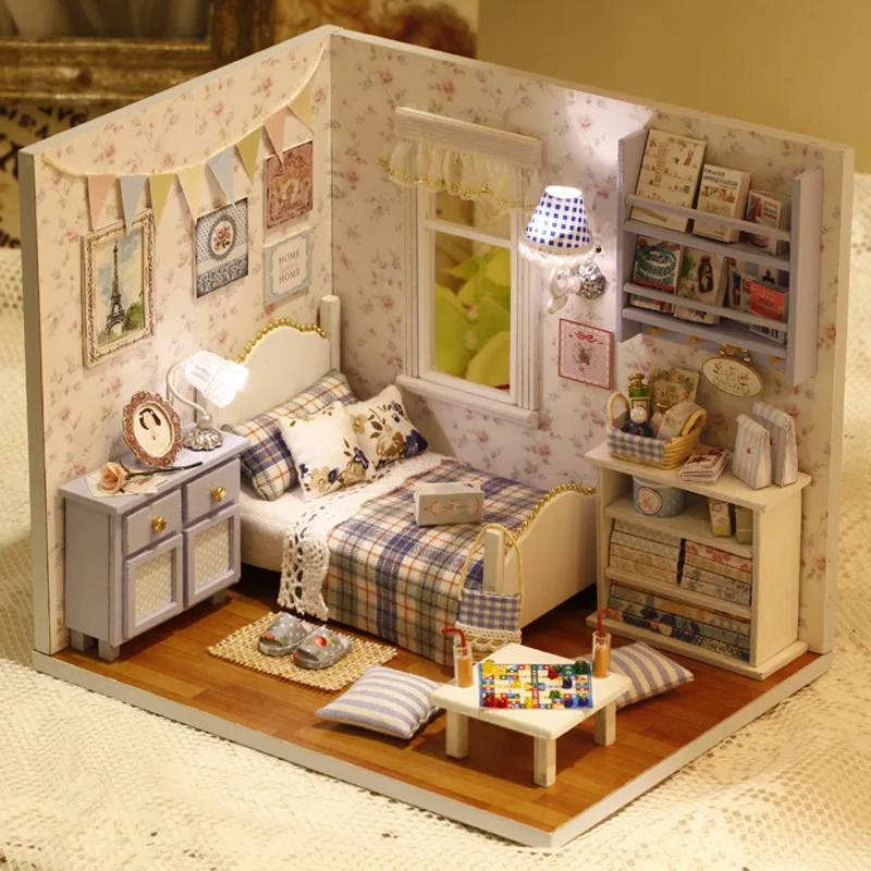 

DIY Handmake Wooden Dollhouse Miniature Kit Happy Living Room With Cover Furniture Cute bedroom Model Girl Doll House Room Box