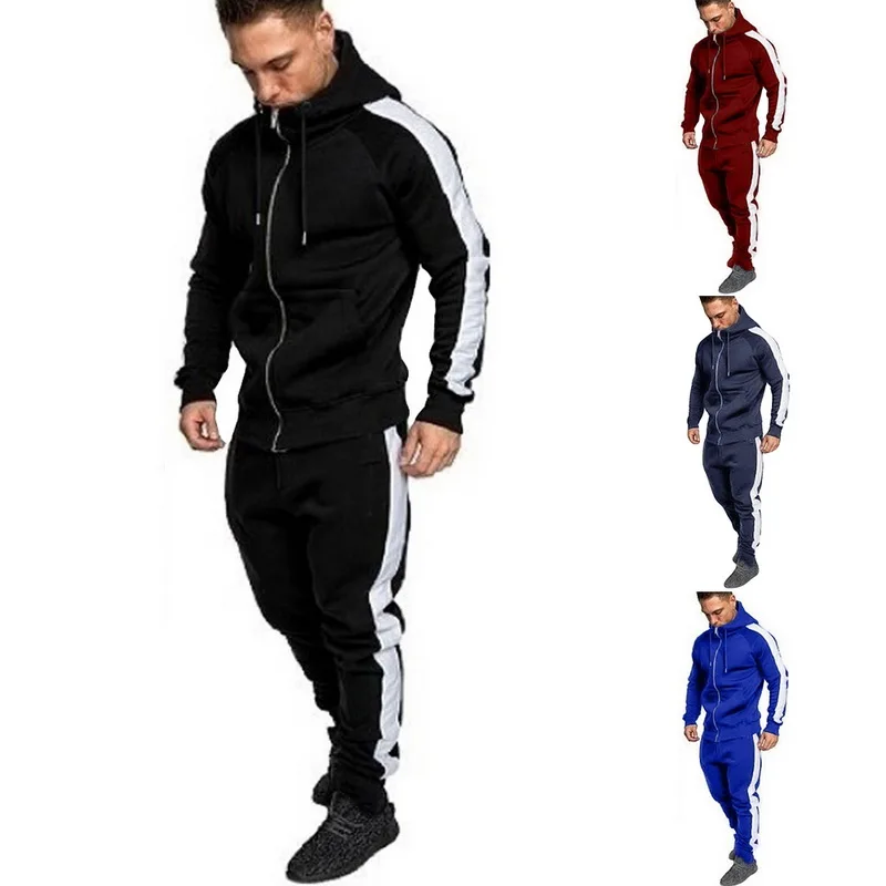 

MoneRffi 2 Pieces Sets Tracksuit Men Brand Autumn Winter Hooded Sweatshirt +Drawstring Pants Male Stripe Patchwork Hoodies