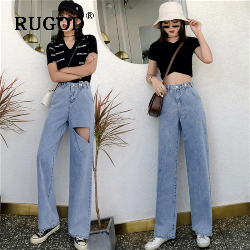 

RUGOD Korean solid wide leg jeans women Vintage straight summer ripped hole denim pants female Boyfriend Jeans Woman Distressed
