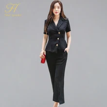 H Han queen летняя деловая офисная одежда 2 шт. женские двубортные костюмы в полоску Топ и длинные штаны OL формальный Рабочий комплект