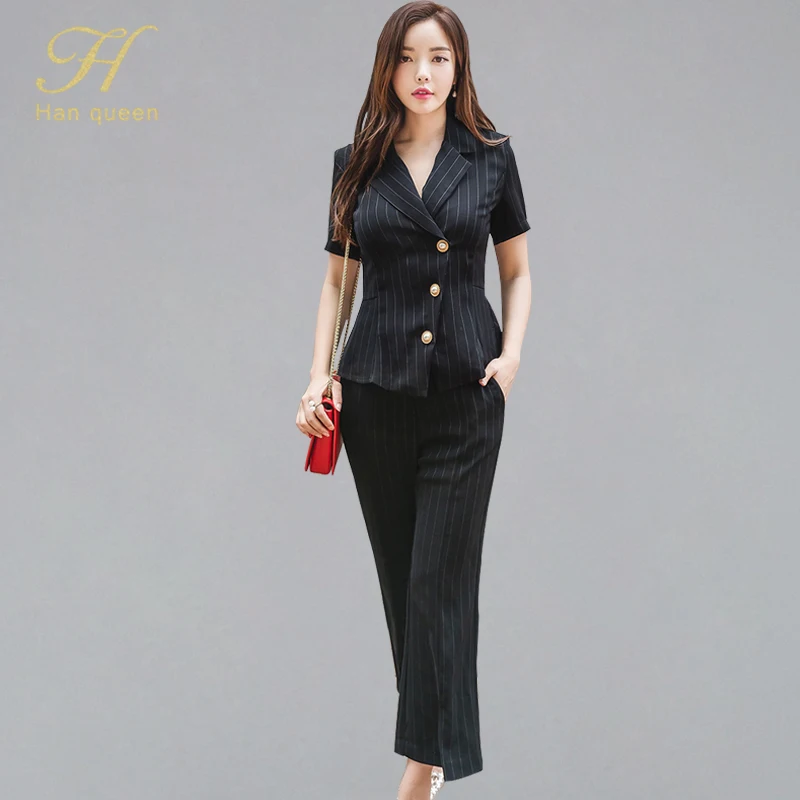 

H Han Queen 2019 Summer Business Office Wear 2 Pieces Women Double-breasted Striped Suits Top And Long Pants OL Formal Work Set