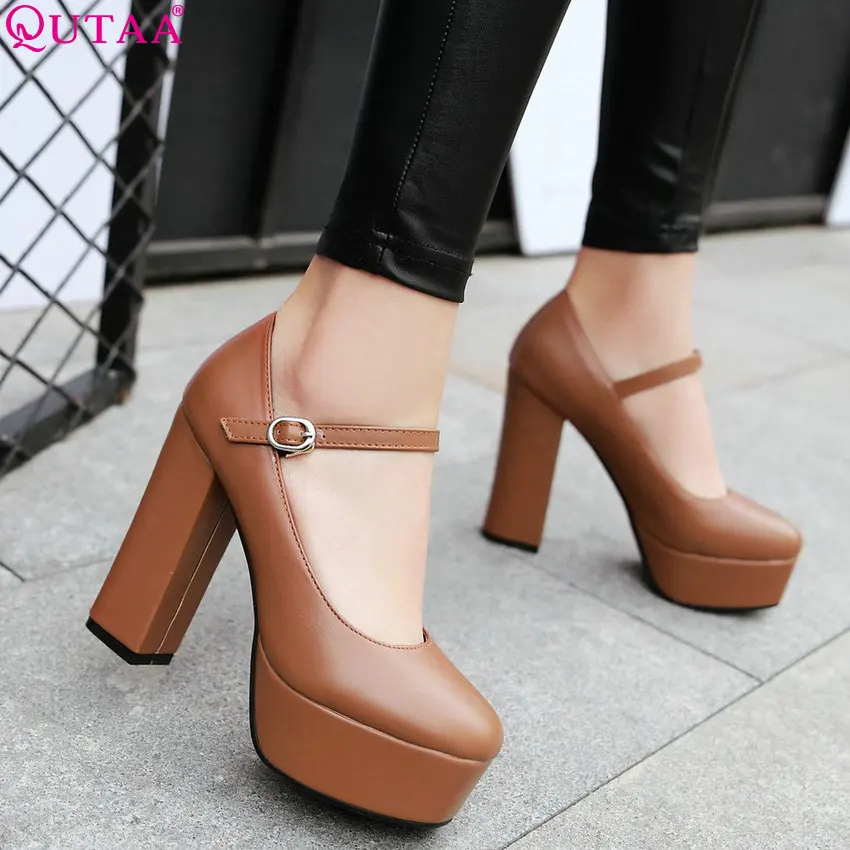 

QUTAA 2020 Women Pumps Pu Leather Fashion Women Shoes Elegant Square Heel Square Toe Buckle Ladies Wedding Pumps Size 34-43