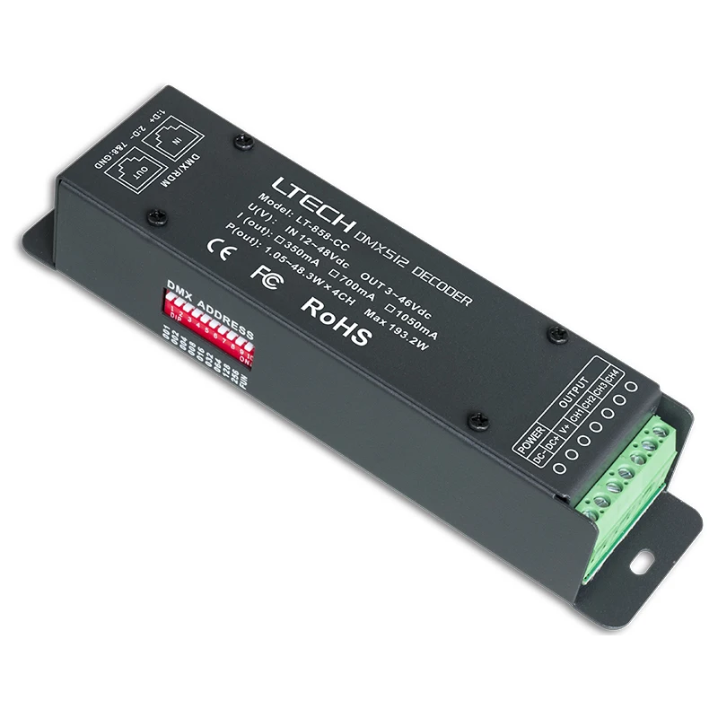 

New LTECH LED DMX Decoder 4CH Constant Current CC DMX decoder DC12-48V in 3 in 1 4CH 350mA/700mA/1050mA output RJ45 Output