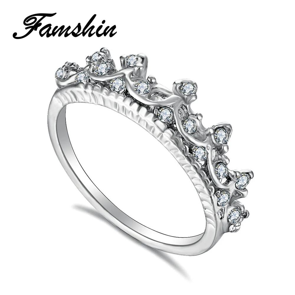 

FAMSHIN Fashion Silver Color Crystal Drill Hollow Crown Shaped Queen Temperament Rings For Women Party Wedding Ring Jewelry Gift