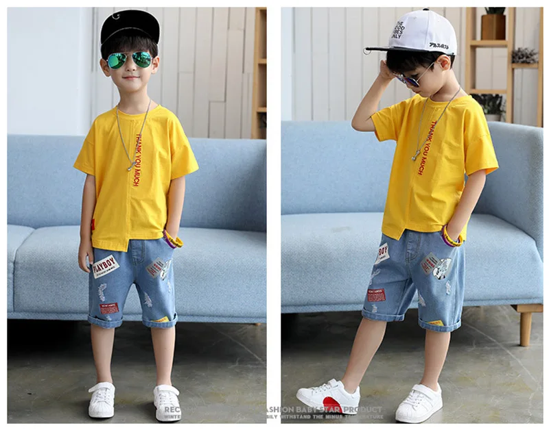 2019 summer boys sets children short-sleeved + jeans pant sports suits (4)