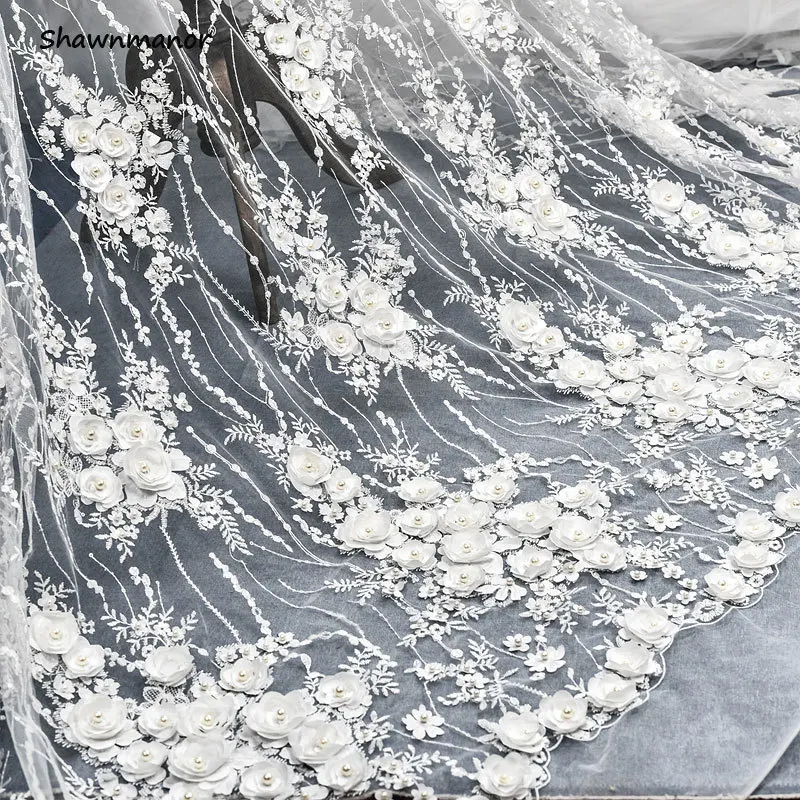 

Атласная кружевная ткань с 3D бисером, цветочной вышивкой, сетчатая свадебная ткань белого цвета для шитья и рукоделия, 50 см х 130 см