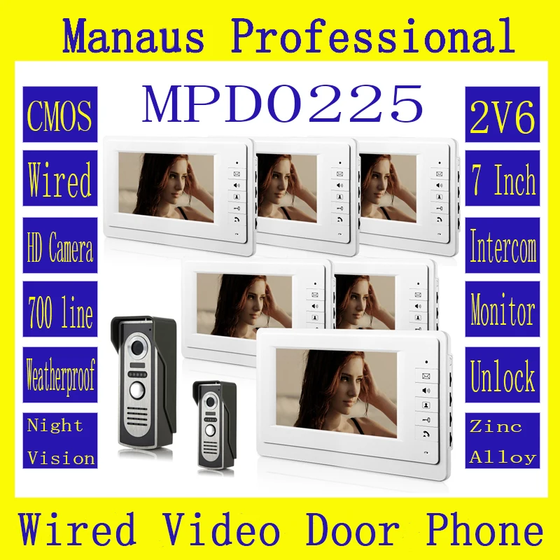 High Quality Wired Magnetic Lock Two to Six Video Doorphones Device 7 inch Screen Keypad Display Video Intercom System Kit D225b