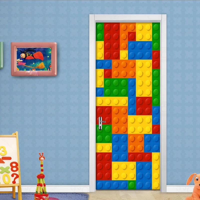 3D Building Blocks Door Wall Mural Stickers Removable Decals for Home Decor